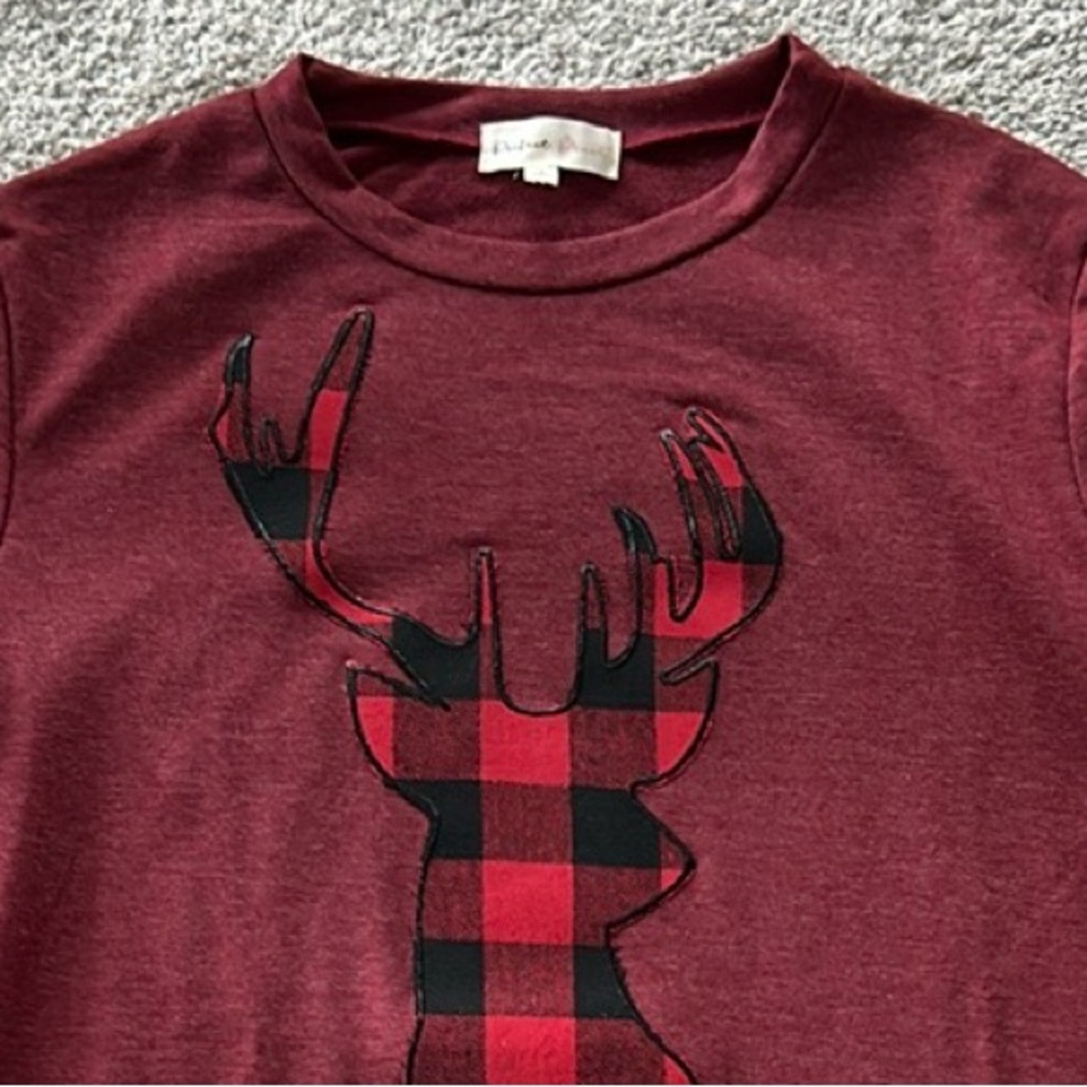 French Terry Long Sleeve Plaid Reindeer Top - Picture 2 of 6